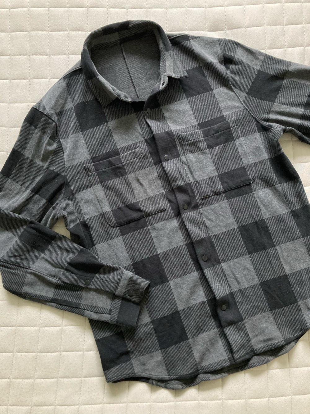 Lululemon Men’s Black and Gray Plaid Button-Down Shirt